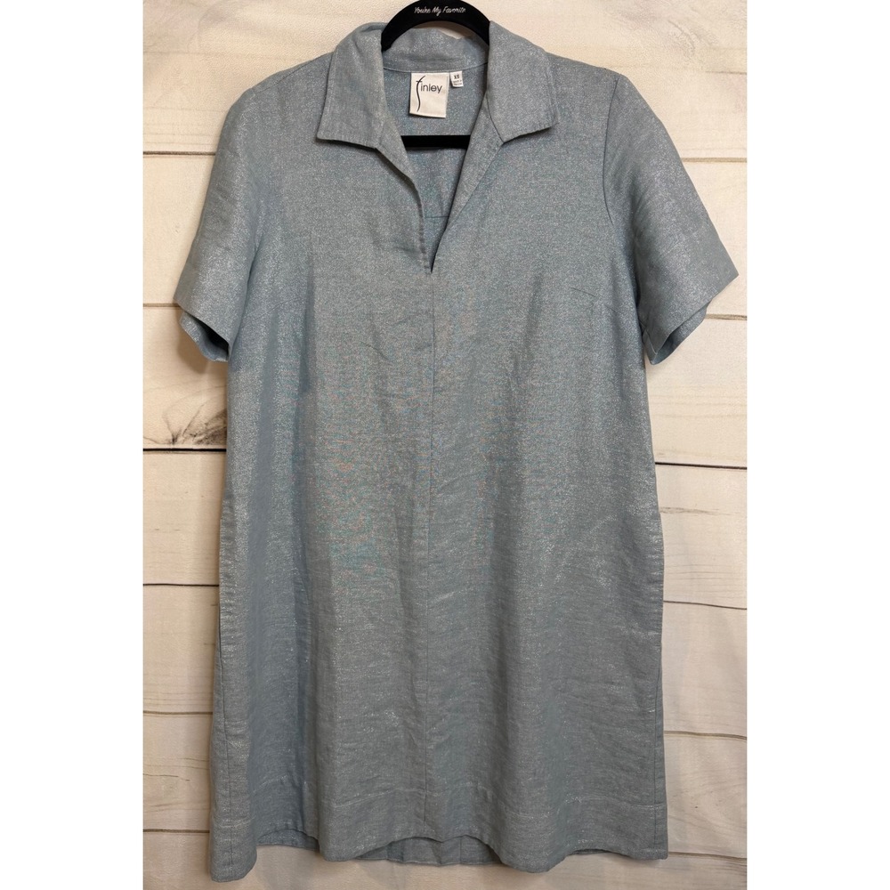 Finley Metallic Linen Shift Dress Blue Silver Shimmer Short Sleeve Pockets XS